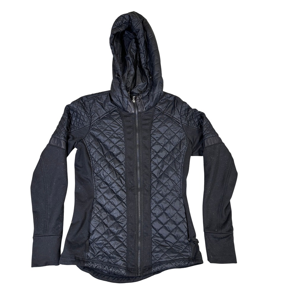 Athleta Womens Black Quilted Hybrid Full Zip Hooded Jacket Size M Thumbholes